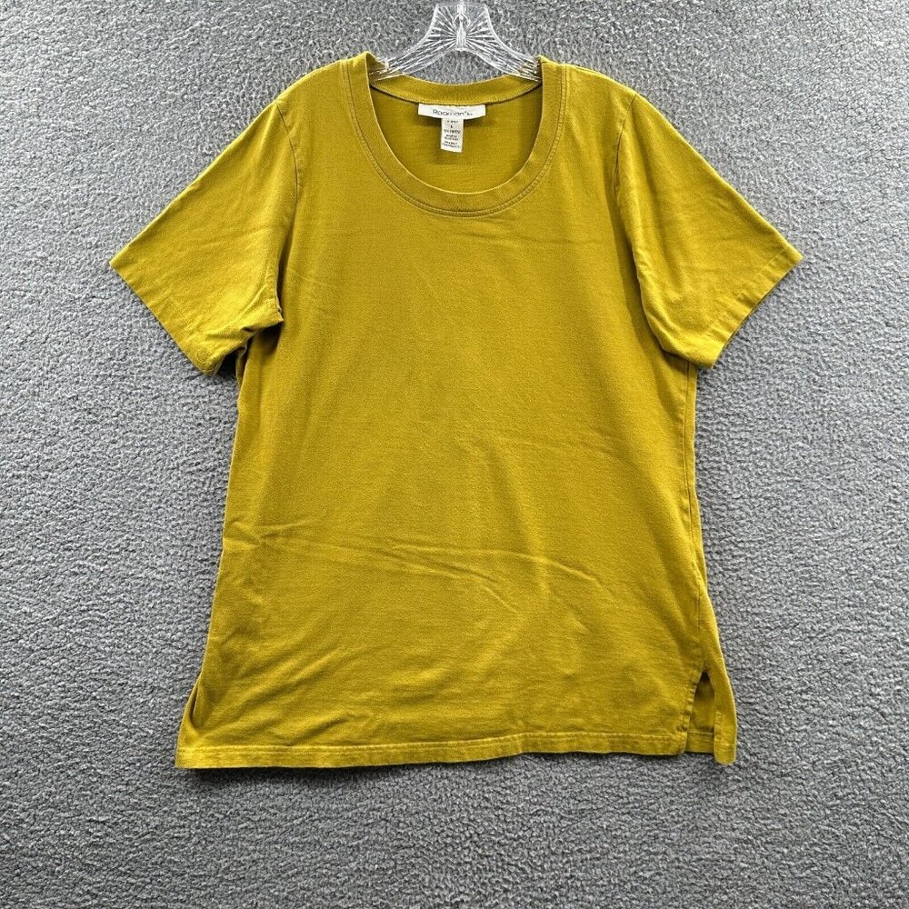 Roamans Womens Top Large Mustard Yellow 100% Cotton Pullover Short Sleeve Shirt‎